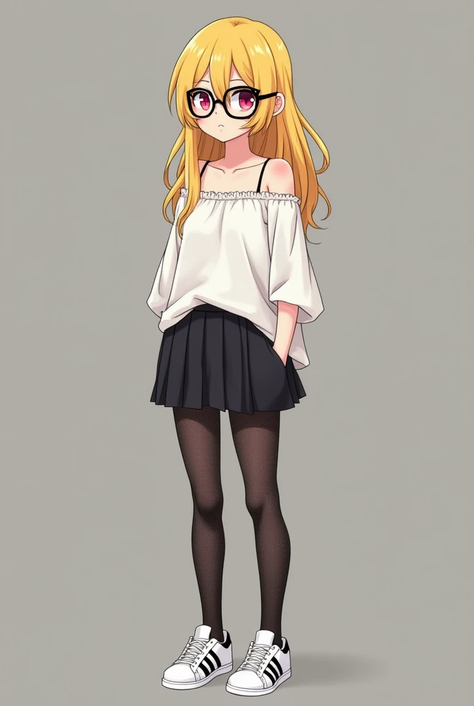 I am  and have a height of 1.49 yellow hair black glasses pink eyes an extremely blush a white blouse to the shoulders short black skirt black mesh stockings white Adidas tennis shoes and that she is an extremely shy girl 