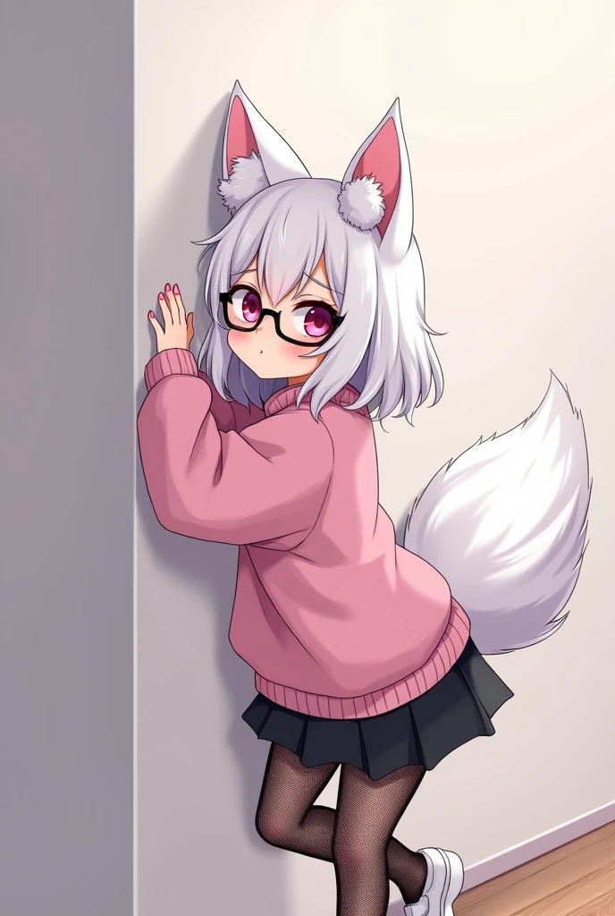 I have white hair white fox ears, a bow, My face is super blushing, black glasses, pink heart eyes, a big pink sweatshirt, painted nails a skirt down black shorts, black mesh stockings, White shoes, a fox tail a very shy girl i&#39;m hitting you a wall grabbing her butt she&#39;s also pouting