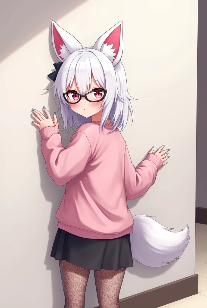 I have white hair white fox ears, a bow, My face is super blushing, black glasses, pink heart eyes, a big pink sweatshirt, painted nails a skirt down black shorts, black mesh stockings, White shoes, a fox tail a very shy girl i'm hitting you a wall grabbing her butt she's also pouting