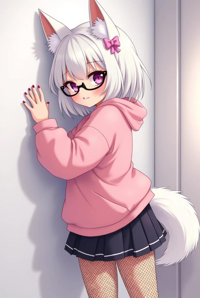 I have white hair white fox ears, a bow, My face is super blushing, black glasses, pink heart eyes, a big pink sweatshirt, painted nails a skirt down black shorts, black mesh stockings, White shoes, a fox tail a very shy girl i'm hitting you a wall grabbing her butt she's also pouting