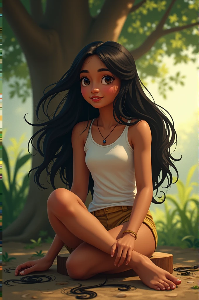 An long haired , brown skin south indian girl is getting her head shaved with a straight razor , sitting on a stool under a tree with a sleeveless t shirt,
Shaved hairs are spilled around the cape and the floor with half shaven head 