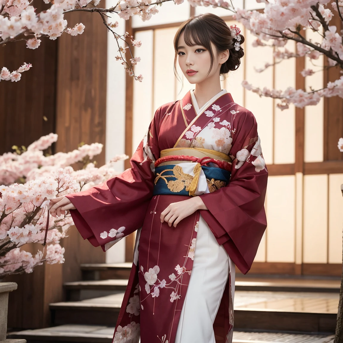 (1 woman), short bob, 2, Japanese, brown eyes, brown hair, slim figure, flat chest, rosy cheeks, flushed face, happy, happiness
Break
//Fashions 
Japanese Elegance: Cherry Blossom Night Gala
Start with a lustrous deep red kimono. The fabric is adorned with delicate gold thread embroidery of cherry blossom petals, with a gradient effect towards the hem. The obi is black with gold embroidery depicting the moon and constellations, representing the night sky.
BREAK
Hair is styled in an elegant traditional Japanese updo, decorated with ornamental combs and hairpins. The hairpins feature small tinkling bells that produce a delicate sound with every movement.
BREAK
Makeup consists of a light application of white powder foundation, with lips painted a deep red. Eyes are subtly enhanced with gold eyeshadow, creating a mystical atmosphere.
BREAK
Accessories are minimal. A single pearl necklace adorns the neck, while a thin gold bracelet graces one wrist.
BREAK
Feet are clad in white tabi socks paired with zori sandals featuring red straps, accentuating the Japanese aesthetic.
BREAK
The background showcases fully bloomed cherry blossoms at night, illuminated by a full moon. Cherry blossom petals dance in the wind, creating a fantastical ambiance.
BREAK
This ensemble embodies a fusion of traditional Japanese beauty and modern elegance, perfect for a nighttime gala.
