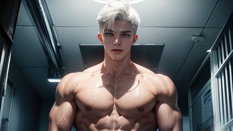 A young boy with white hair，fair skin，handsome，The triangle briefs are wet, so I took half of them off.，裸上半身Soaked in milk，Showing six-pack abs and chest muscles with water droplets on them，Soaked in milk，纖細長腿Soaked in milk，There is a big protrusion from below and milk is spurting out，Soaked in milk，Tilting their head back, they wore an expression of comfort.，Milk flows from the corners of the mouth，Sticking out tongue，Drinking milk，Very shy expression，Milk flows from the corner of the mouth，covered in milk，soak in milk，There&#39;s milk on your face too，Milk flows from the corners of the mouth，身上Soaked in milk，Complete character，To the light，The light shines on the abdominal muscles，milk everywhere