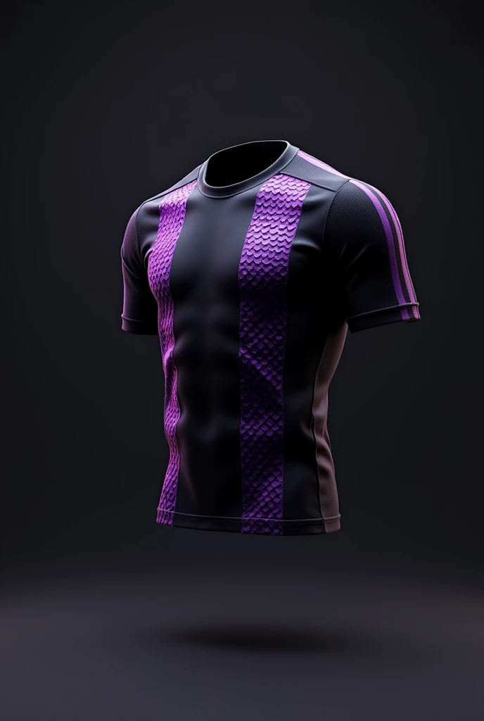 make a floating shirt, of athlete, in black and with details of printed purple scales. Also add purple stripes that go from the collar to the sleeves..