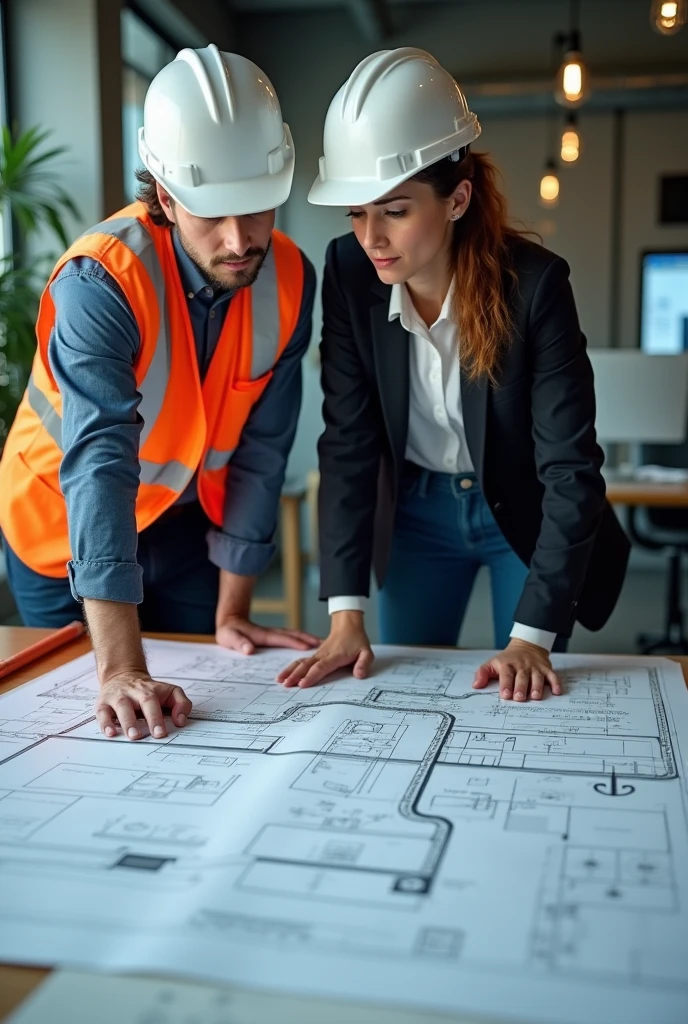 text2image(prompt='A water engineer and a woman reviewing water system plans, with a serious expression')