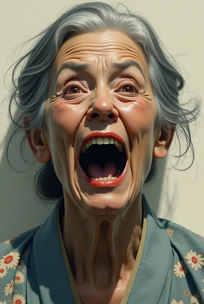 (masterpiece:1.4),(6 Female:1.5),(facial wrinkles 1.2), (Updo : 1.1), (Wearing a white kimono), Elderly women, ((90 years old)), Gray Hair, horror film, Crying in fear, View your viewers, Japanese, Mouth open