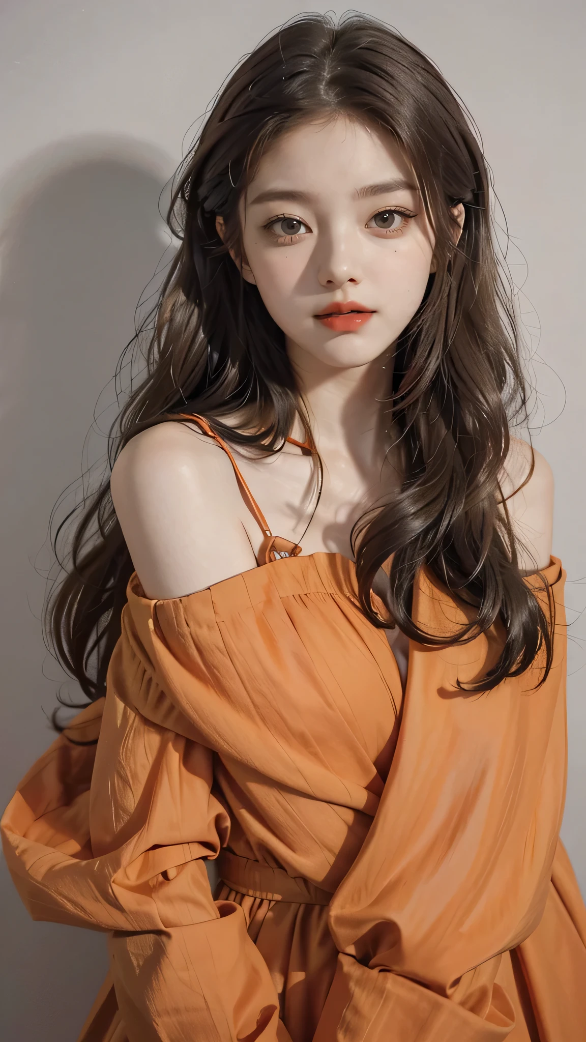 Girl wearing, luxury orange coat, shoulder length hair, wavy hair, glowing skin, star in eye, red lips, grey background, cute poses , upper body.