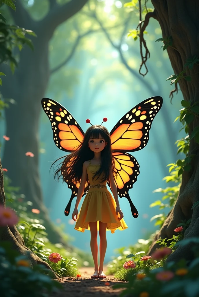 pixar image, ume dressed as a rare butterfly, in an enchanted forest dark hair , big wings, at the of 11