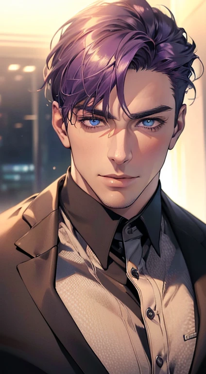 (best quality,4k,8k,highres,masterpiece:1.2),ultra-detailed,(realistic,photorealistic,photo-realistic:1.37),1 man,3,mature man,very handsome,without expression,smile,short purple hair,blue eyes,penetrating gaze,perfect face without errors,imposing posture,businessman,office background,cinematic lighting,hdr image