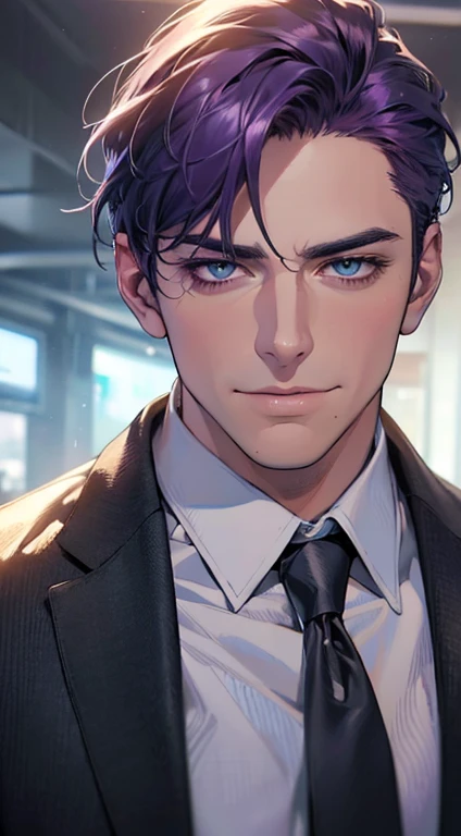 (best quality,4k,8k,highres,masterpiece:1.2),ultra-detailed,(realistic,photorealistic,photo-realistic:1.37),1 man,3,mature man,very handsome,without expression,smile,short purple hair,blue eyes,penetrating gaze,perfect face without errors,imposing posture,businessman,office background,cinematic lighting,hdr image