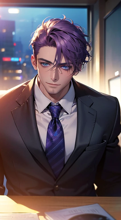 (best quality,4k,8k,highres,masterpiece:1.2),ultra-detailed,(realistic,photorealistic,photo-realistic:1.37),1 man,3,mature man,very handsome,without expression,smile,short purple hair,blue eyes,penetrating gaze,perfect face without errors,imposing posture,businessman,office background,cinematic lighting,hdr image