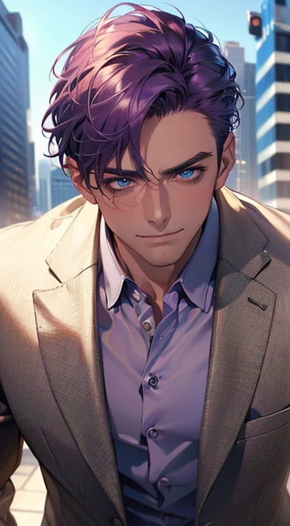 (best quality,4k,8k,highres,masterpiece:1.2),ultra-detailed,(realistic,photorealistic,photo-realistic:1.37),1 man,3,mature man,very handsome,without expression,smile,short purple hair,blue eyes,penetrating gaze,perfect face without errors,imposing posture,businessman,office background,cinematic lighting,hdr image