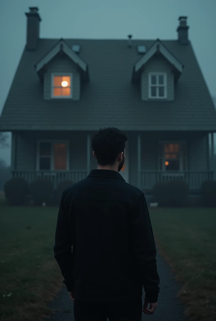 a man with his back turned looking at a house in the distance, This house has many cameras that are facing the man, The image must be dark, creating mystery in the house. There is only one light from a room above. 