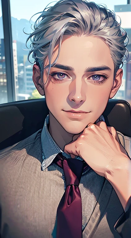 (Highest quality,4K,8K,High resolution,masterpiece:1.2),Super detailed,(Realistic,photoRealistic,photo-Realistic:1.37),1 personld,Mature Men,Beautiful skin、very handsome,Expressionless,smile,Short gray blue hair,purple eyes,Sharp Eyes,A perfect face without a doubt,Businessman,Office Background,Cinema Lighting,HDR image,tie、