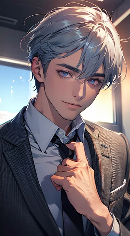 (Highest quality,4K,8K,High resolution,masterpiece:1.2),Super detailed,(Realistic,photoRealistic,photo-Realistic:1.37),1 personld,Mature Men,Beautiful skin、very handsome,Expressionless,smile,Short gray blue hair,purple eyes,Sharp Eyes,A perfect face without a doubt,Businessman,Office Background,Cinema Lighting,HDR image,tie、