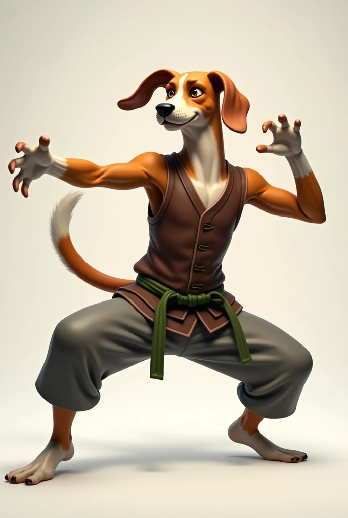 A American Foxhound. Wearing a Brown vest, gray pants, green belt. Doing a kung-fu pose.