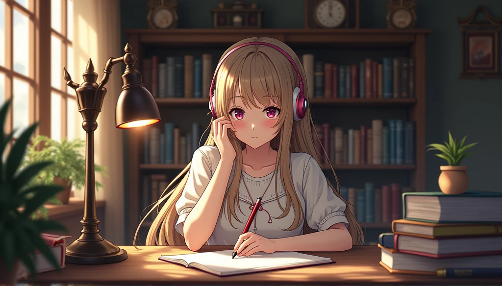 I put on my headphones and sat at my desk in the library.、Anime girl writing something,Retro Library、Woman studying、Wear headphones