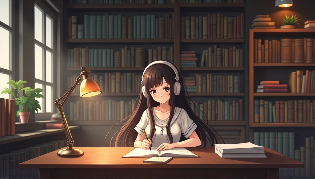 I put on my headphones and sat at my desk in the library.、Anime girl writing something,Retro Library、Woman studying、Wear headphones