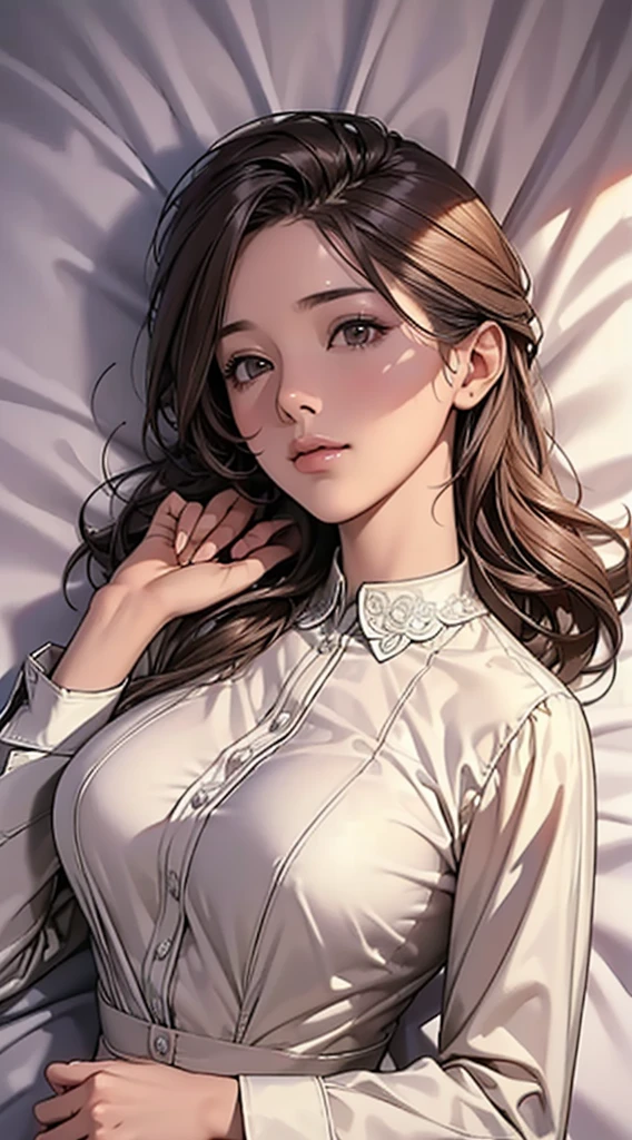 (1girl:1.3), cinematic light, (masterpiece, top quality, best quality, beautiful and aesthetic:1.3), extreme detailed,highest detailed,(ultra-detailed),,
From above,(( lying on bed)),
solo, breasts, silky long hair, (brown hair), Rose flowers scattered all over the bed,
((suit)), ((shirt)), open breast,