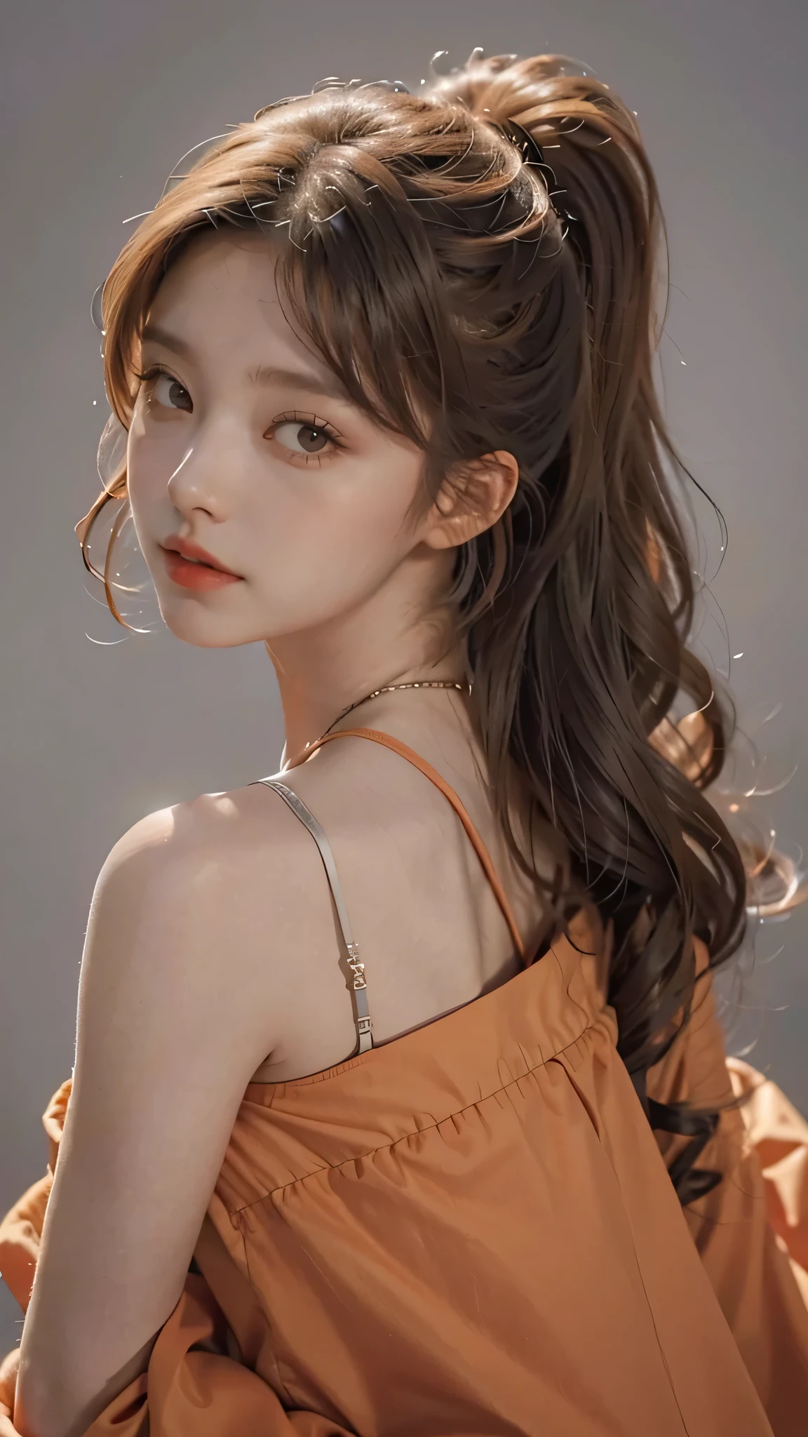 Girl wearing, luxury orange coat, shoulder length hair, wavy hair, glowing skin, star in eye, red lips, grey  background, cute poses , upper body.