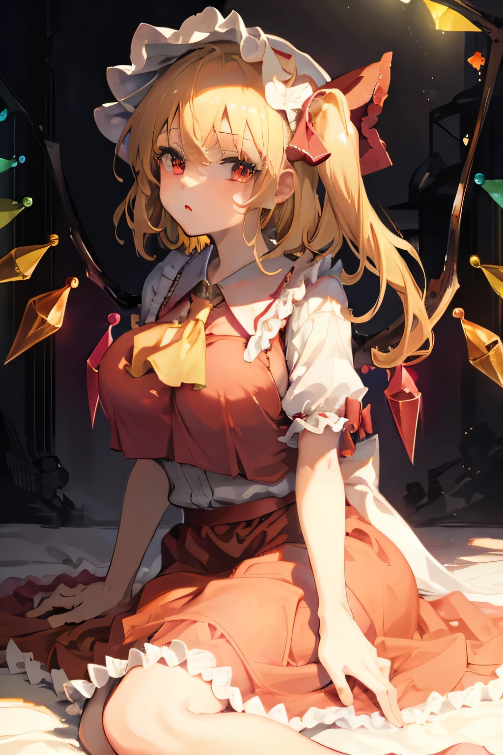 (masterpiece),best quality, expressive eyes, perfect face, 1girl,
big breast, H-cup, good breast, beautiful, gorgeous,anime,girl,lora, laying down,flandre scarlet,
1girl,blonde hair,mob cap,hair bow,bowtie,side ponytail,wings,short sleeves,vest,ascot,