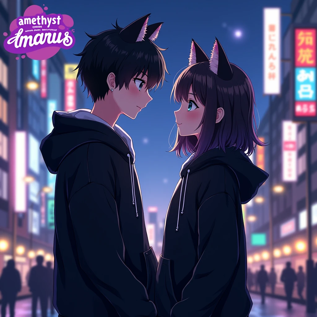 Couple anime wearing black hoodie, with cat ears, with purple text "Amethyst" to the girl
and "Chronus" to the boy, in japan citylights
background