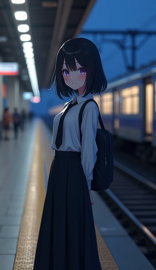 score_9, score_8_up, score_7_up, source_anime, best quality, amazing quality, absurdres, very aesthetic, 1girl, purple eyes, wariza, medium hair, bob cut with layers, black hair, portrait, starshadowmagician, solo, 1 girl, best perfect anatomy, thin, curvy body, flat breasts, close up shot on person, a girl showing happy, smile, blush, medium angle shot, looking at viewer, Hide your arms behind your back, standing pose, white format shirt, long sleeve, black tie, long black skirts, maxi skirt, black socks, Wearing a school hand bag, dynamic angle. perfect dynamic composition, foreshortening, night days, volumetric lighting, Detailed background, Cinematic lighting, Sunlight, Waiting train, train station, Stand on the platform,