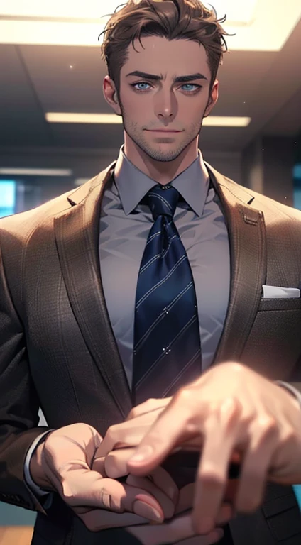 (best quality,4k,8k,highres,masterpiece:1.2),ultra-detailed,(realistic,photorealistic,photo-realistic:1.37),1 man,3,mature man,very handsome,without expression,smile,short grey brown hair,blue eyes,penetrating gaze,perfect face without errors,imposing posture,businessman,office background,cinematic lighting,hdr image