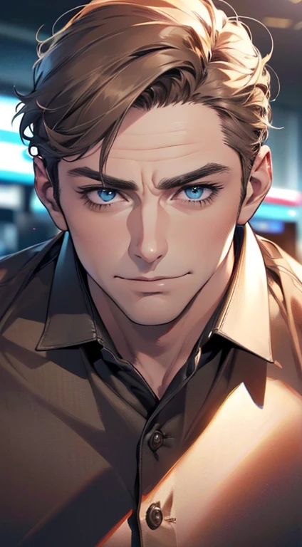 (best quality,4k,8k,highres,masterpiece:1.2),ultra-detailed,(realistic,photorealistic,photo-realistic:1.37),1 man,3,mature man,very handsome,without expression,smile,short grey brown hair,blue eyes,penetrating gaze,perfect face without errors,imposing posture,businessman,office background,cinematic lighting,hdr image