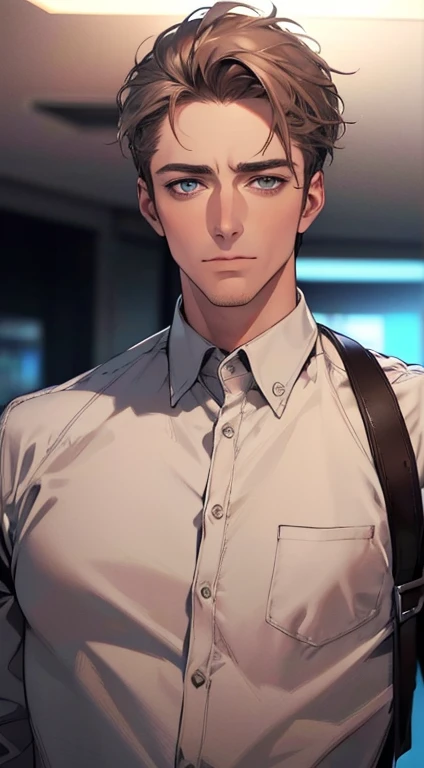 (best quality,4k,8k,highres,masterpiece:1.2),ultra-detailed,(realistic,photorealistic,photo-realistic:1.37),1 man,3,mature man,very handsome,without expression,smile,short grey brown hair,blue eyes,penetrating gaze,perfect face without errors,imposing posture,businessman,office background,cinematic lighting,hdr image