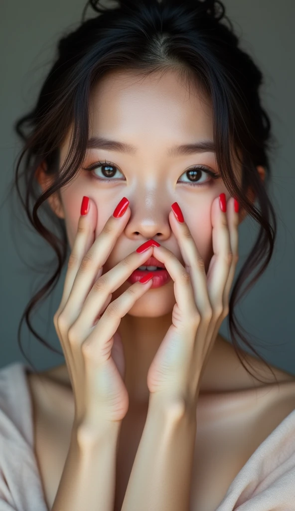 8K, high resolution, detailed full upper body portrait photography, gorgeous Asian female, fashion inspired by Jian Ning, covering lips with fingers, red nails, taken with a 60mm lens, ISO 300, f/4, 1/200th