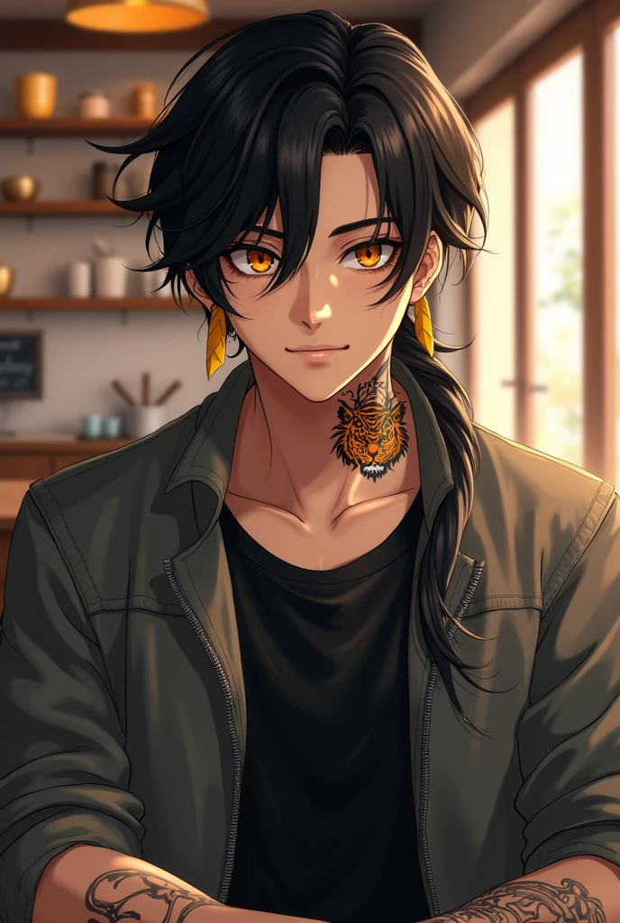 a tall boy of 1.80 long black hair with two yellow strands in front, big amber eyes with a mole on the lower right side of the right eye, He has an abstract tiger tattooed in black tones on the right side of his neck and is wearing a grey jacket and black t-shirt., It is a realistic portrait of him sitting in a cafe