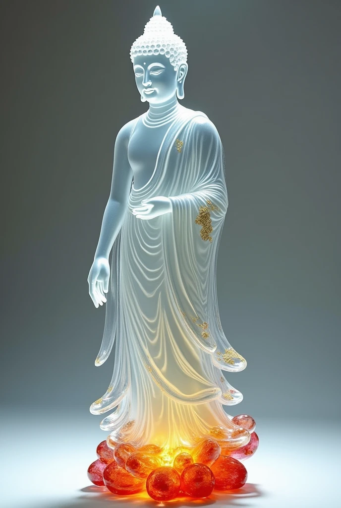 A very delicate full-body image of the Buddha, made of glass, translucent, decorated with small gold and red colors. Beautiful and delicate details, shimmering light, the best quality glass art.