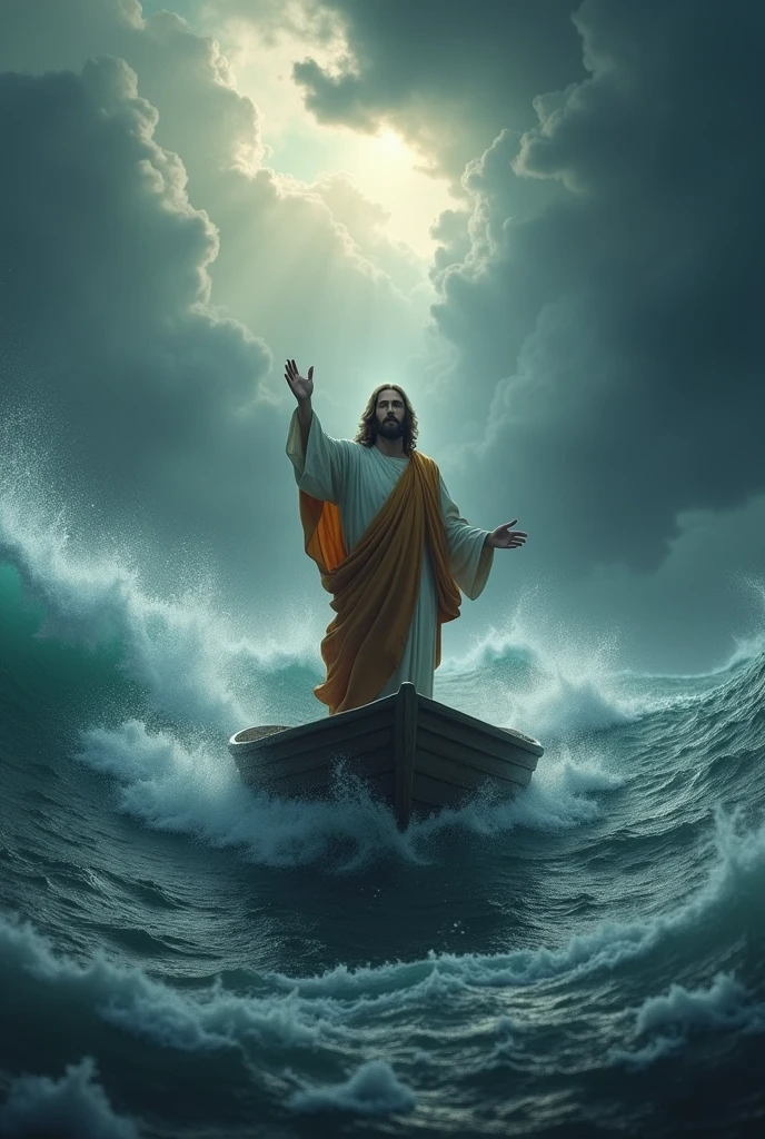 m: A hyper-realistic image of Jesus standing on a small wooden boat, facing a raging storm. Towering waves crash around him, the wind whips through his robes, and the sky is dark with swirling clouds. Despite the chaos, Jesus stands firm, his hand raised toward the sky, and his eyes are locked directly into the camera with a sense of calm authority. The light breaking through the clouds behind him illuminates his figure, creating a powerful contrast between the darkness of the storm and the sere