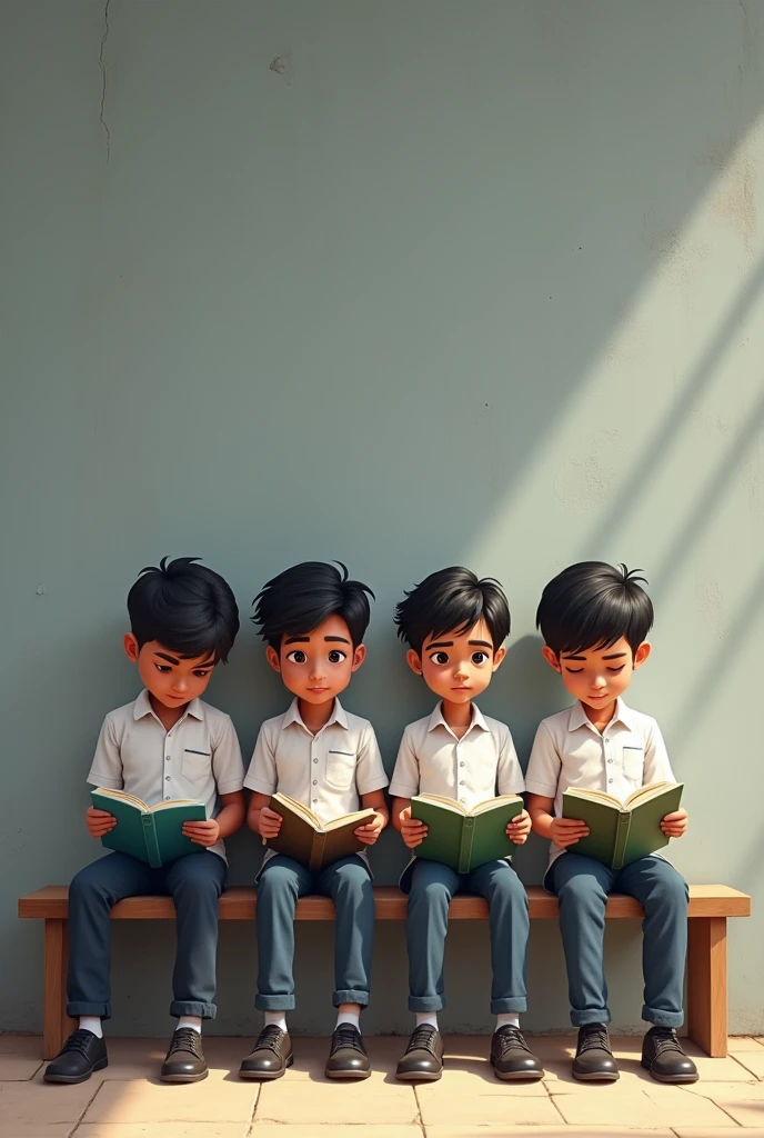4 person atul shivendra aasish and ankit are student sitting on school bench and all reading in white shirt grey paint