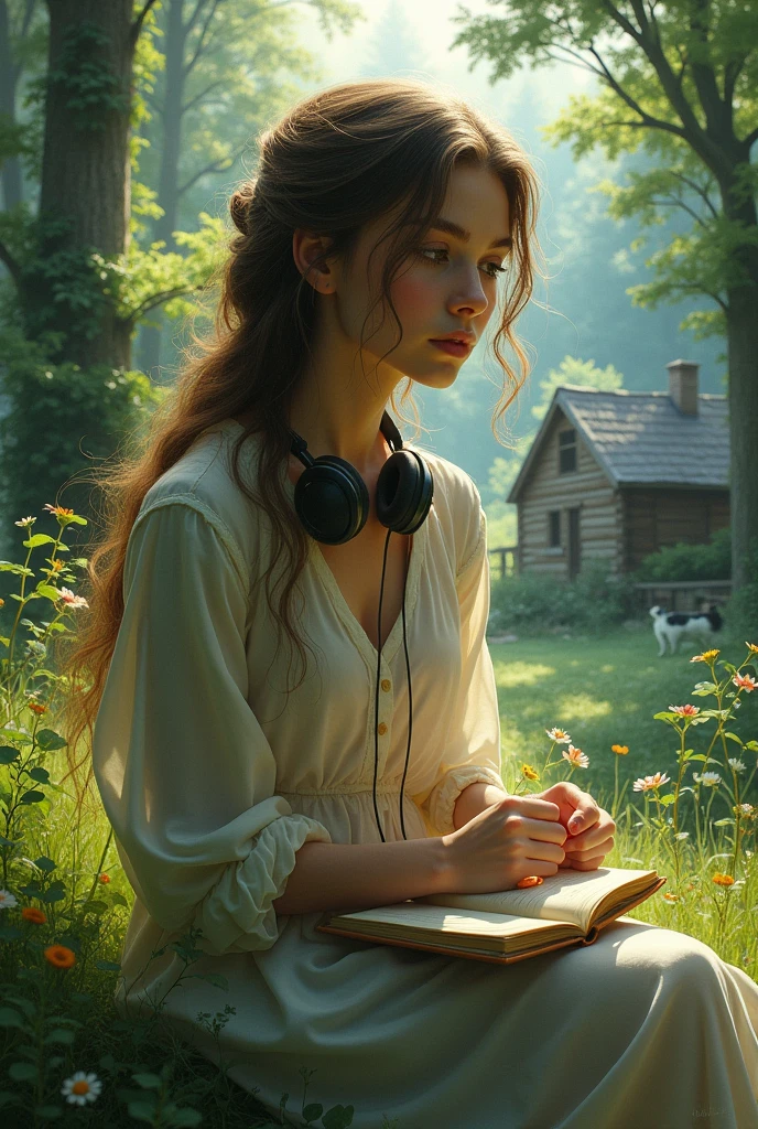 Create a book cover for a person,who tends to withdraw from groups,paints a lot and spends time with animals. She is very natural and spends a lot of time reading or writing. You almost never find them without music in their ears.