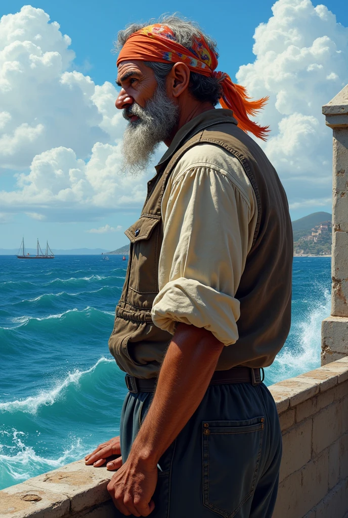 GENERATES A FISHERMAN IN THE 1800'S JOSE OLAYA LOOKING AT THE SEA ABOUT TO SWIM 2 KM WITH A SCARF ON HIS HEAD