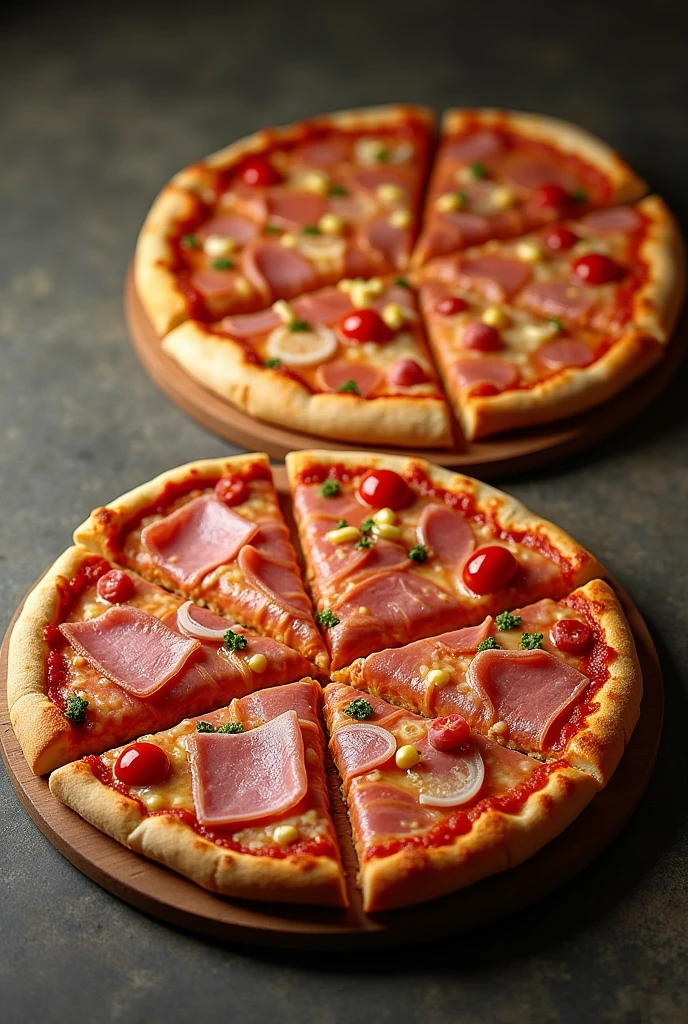 Create a pizza with ham cut into very provocative squares and another pizza divided into 4 equal portions, each portion containing one ingredient, onion ham in squares, paprika and bacon with corn, large 33 centimeters that is realistic to consume 