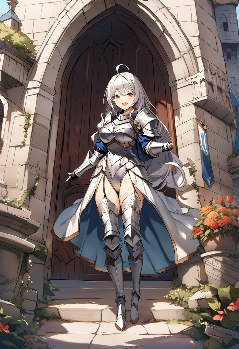 Woman knight、a beauty girl、huge tit、Excellent style、Nice Buddy、glamorous、leotard、s Armor、Bra chest armor、knee boots、gauntlets、hair adornments、silber hair、Longhaire、Ahoge、a medieval castle、is standing、full body seen、Outside the castle、natta、a smile、slightly open mouth