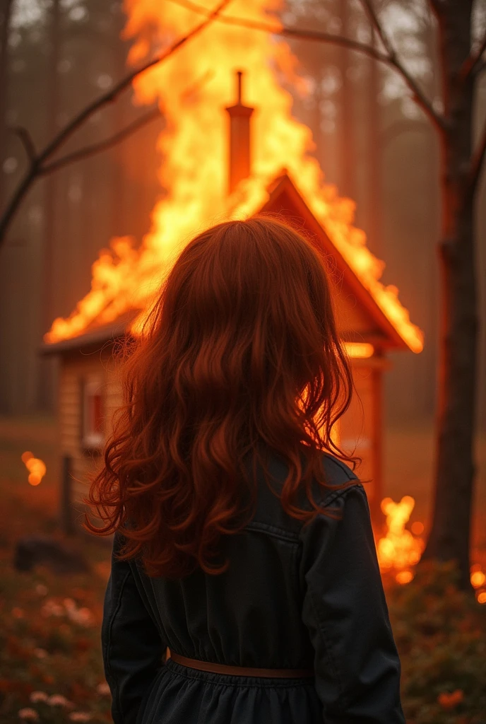 Create a red-haired girl with her back turned watching a house burn, giving an air of mystery 