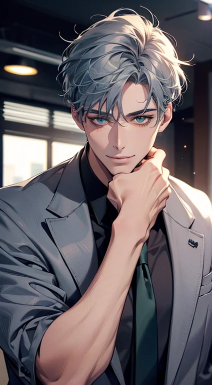 (Highest quality,4K,8K,High resolution,masterpiece:1.2),Super detailed,(Realistic,photoRealistic,photo-Realistic:1.37),1 personld,Mature Men,Beautiful skin、very handsome,Expressionless smile in love,Short gray blue hair,green eyes,Sharp Eyes,A perfect face without a doubt,Businessman,Office Background,Cinema Lighting,HDR image,tie、