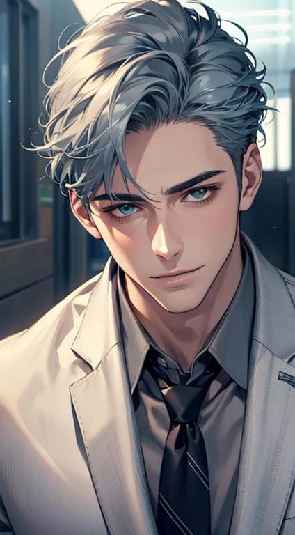 (Highest quality,4K,8K,High resolution,masterpiece:1.2),Super detailed,(Realistic,photoRealistic,photo-Realistic:1.37),1 personld,Mature Men,Beautiful skin、very handsome,Expressionless smile in love,Short gray blue hair,green eyes,Sharp Eyes,A perfect face without a doubt,Businessman,Office Background,Cinema Lighting,HDR image,tie、