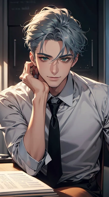 (Highest quality,4K,8K,High resolution,masterpiece:1.2),Super detailed,(Realistic,photoRealistic,photo-Realistic:1.37),1 personld,Mature Men,Beautiful skin、very handsome,Expressionless smile in love,Short gray blue hair,green eyes,Sharp Eyes,A perfect face without a doubt,Businessman,Office Background,Cinema Lighting,HDR image,tie、