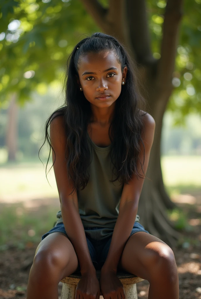 An long haired , brown skin south indian girl is half head shaved with a straight razor , sitting on a stool under a tree with a sleeveless t shirt,
Shaved hairs are spilled around the cape and the floor with half shaven head