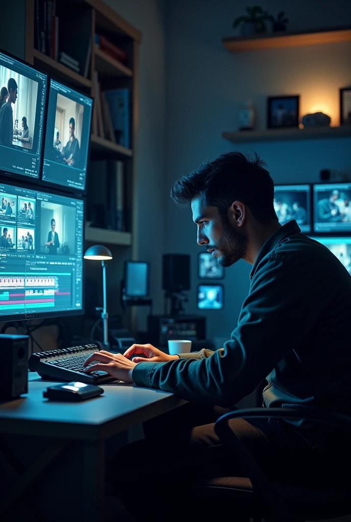 There is a editor in a editing room ..he is editing a film .its will be a back shoot 