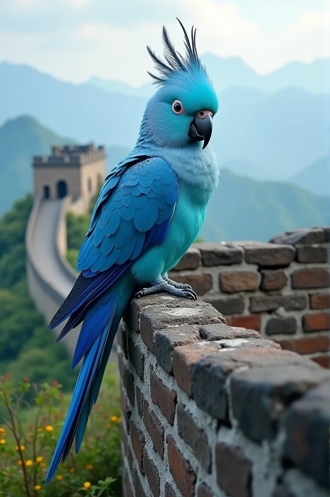 Create a blue cockatiel on the Great Wall of China