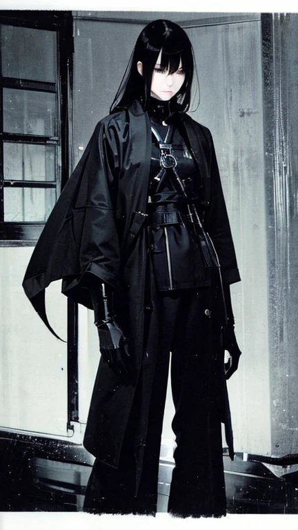 Black Hair、Cold look:1.5、Japanese woman in her 30s、Dark Background、One Cool Lady:1.5、night、whole photo、Dark Eyes、Black gloves、Ominous Machine Lifeform、Nihil、Half of his body is made of machinery、Mechanical Man:1.5、Modern clothing: