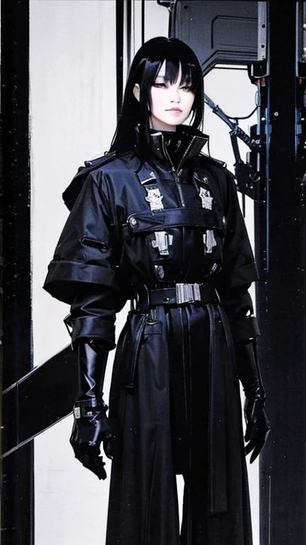 Black Hair、Cold look:1.5、Japanese woman in her 30s、Dark Background、One Cool Lady:1.5、night、whole photo、Dark Eyes、Black gloves、Ominous Machine Lifeform、Nihil、Half of his body is made of machinery、Mechanical Man:1.5、Modern clothing: