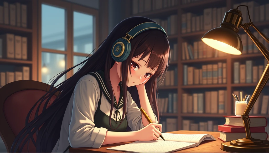 I put on my headphones and sat at my desk in the library.、Anime girl writing something,Retro Library、Woman studying、Wear headphones