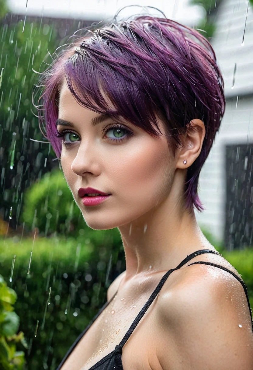 1 girl,(standing alone),(Top-notch image quality),(high qualiy),(high resolution),(detailded),(work of art),(work of art:1.2),(realisitic), looking ahead at viewer, olhos detaildeds, face perfect, perfects eyes, rosto detailded,short purple hair, greeneyes, aretes, new, without the clothes ,curved, naked in the backyard, in the rain, Full-body image